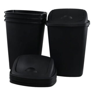 13 Gallon Plastic Waste Basket Swing Top, 4 Pack Black Plastic Trash Can with Lid for Kitchen